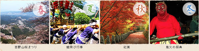 イベント例：吉野山桜まつり、蛙飛び行事、紅葉、鬼火の祭典
